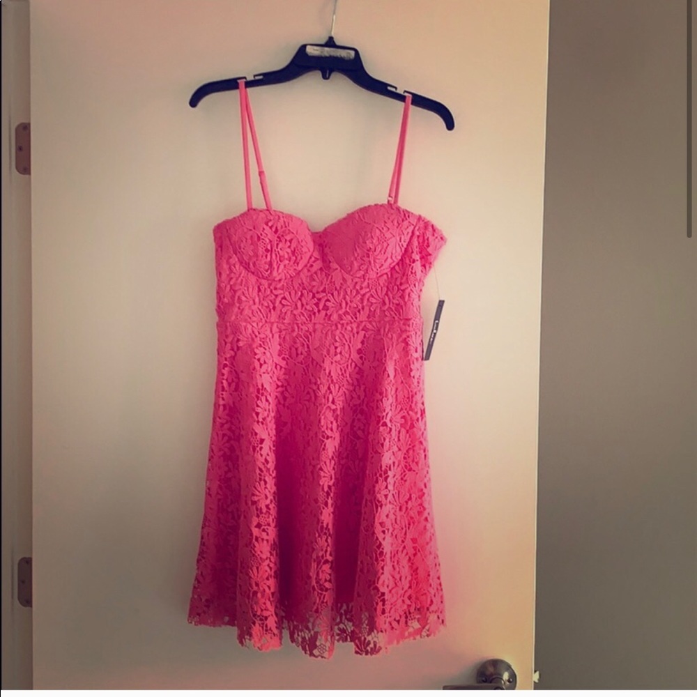 NWT Hot Pink Crochet Lace Bustier Skater Dress